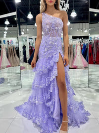 Sparkly Sequin One Shoulder Tiered Long Prom Dresses with Slit