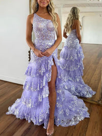 Sparkly Sequin One Shoulder Tiered Long Prom Dresses with Slit