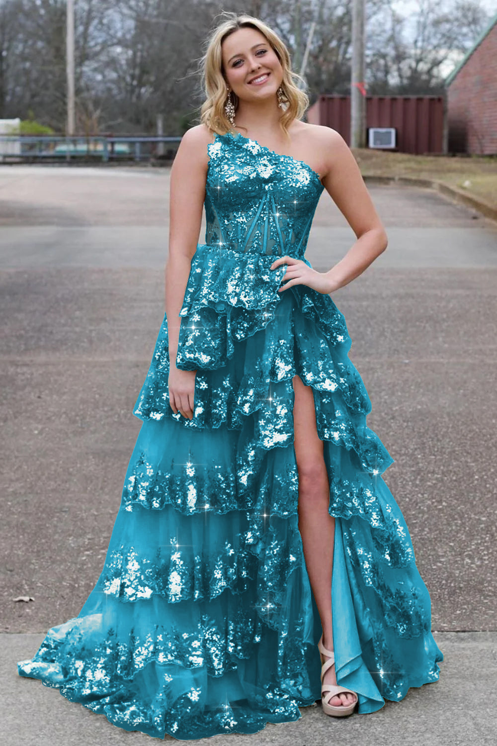 Sparkly Sequin One Shoulder Tiered Long Prom Dresses with Slit