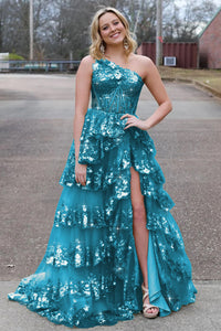 Sparkly Sequin One Shoulder Tiered Long Prom Dresses with Slit