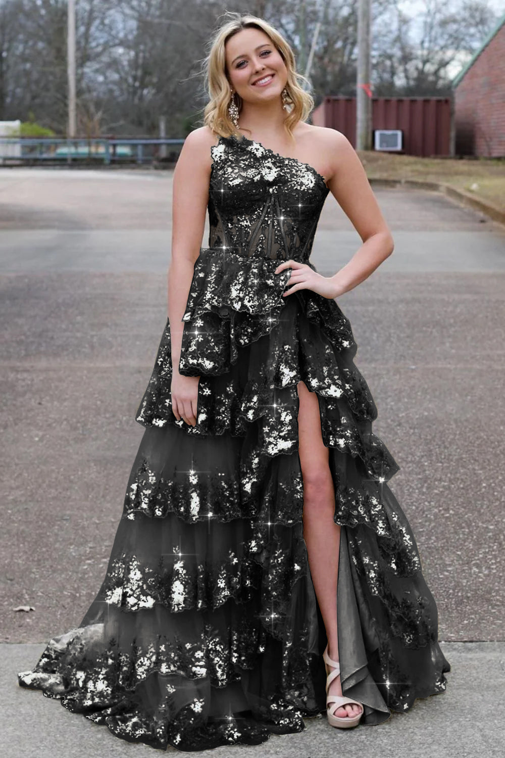 Sparkly Sequin One Shoulder Tiered Long Prom Dresses with Slit