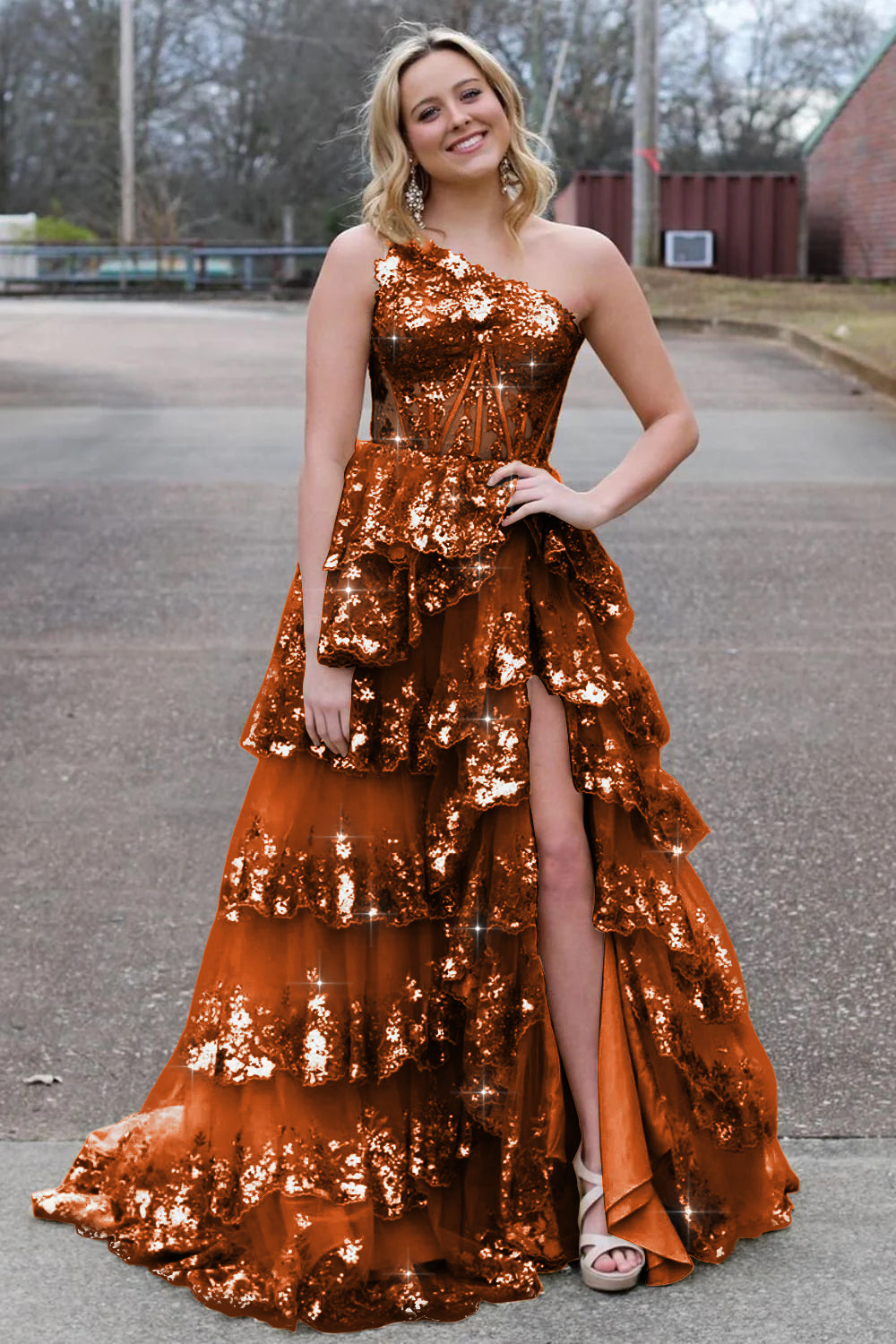 Sparkly Sequin One Shoulder Tiered Long Prom Dresses with Slit
