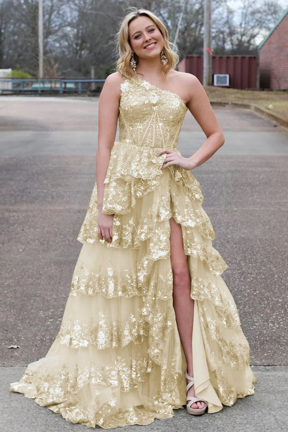 Sparkly Sequin One Shoulder Tiered Long Prom Dresses with Slit