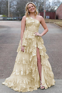 Sparkly Sequin One Shoulder Tiered Long Prom Dresses with Slit