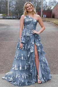Sparkly Sequin One Shoulder Tiered Long Prom Dresses with Slit
