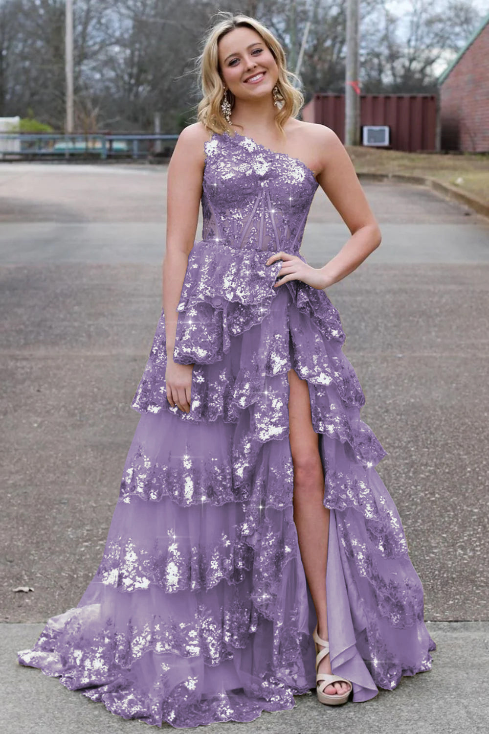 Sparkly Sequin One Shoulder Tiered Long Prom Dresses with Slit