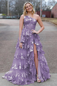 Sparkly Sequin One Shoulder Tiered Long Prom Dresses with Slit