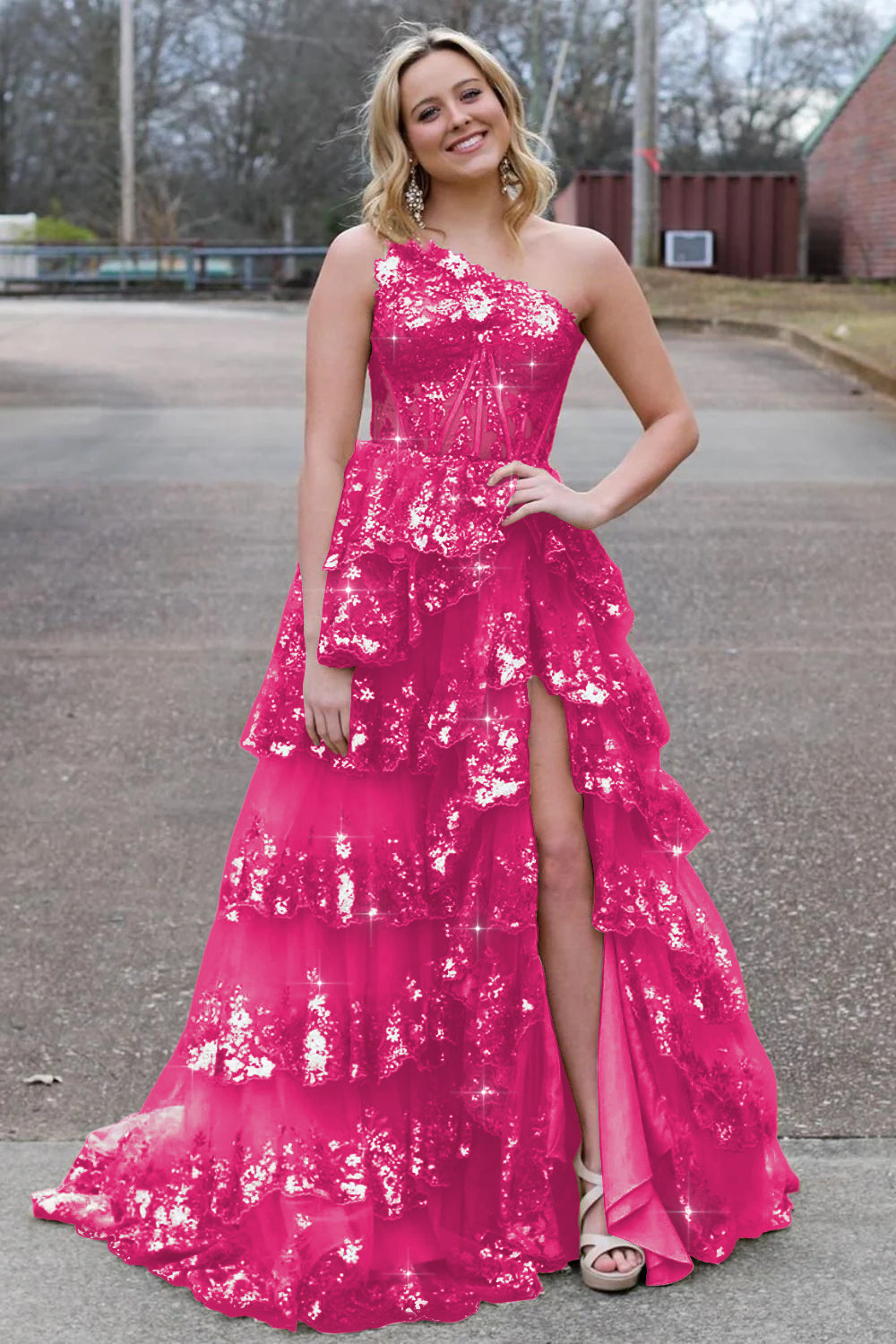 Sparkly Sequin One Shoulder Tiered Long Prom Dresses with Slit