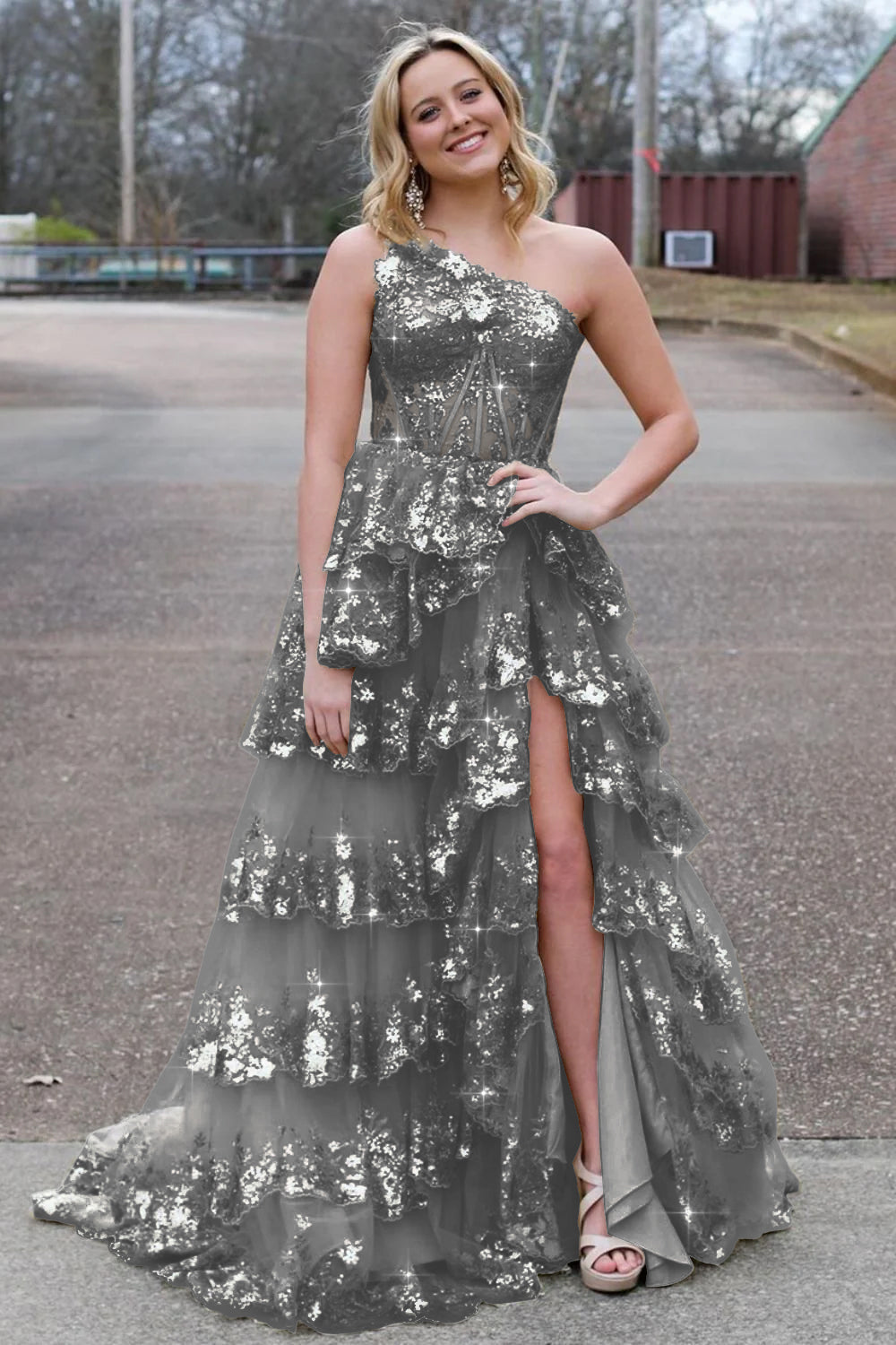 Sparkly Sequin One Shoulder Tiered Long Prom Dresses with Slit