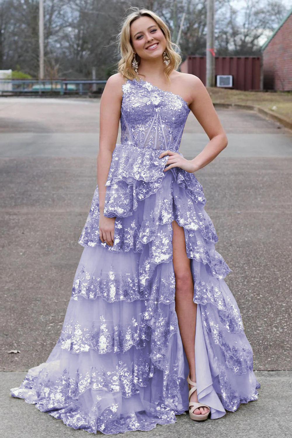 Sparkly Sequin One Shoulder Tiered Long Prom Dresses with Slit