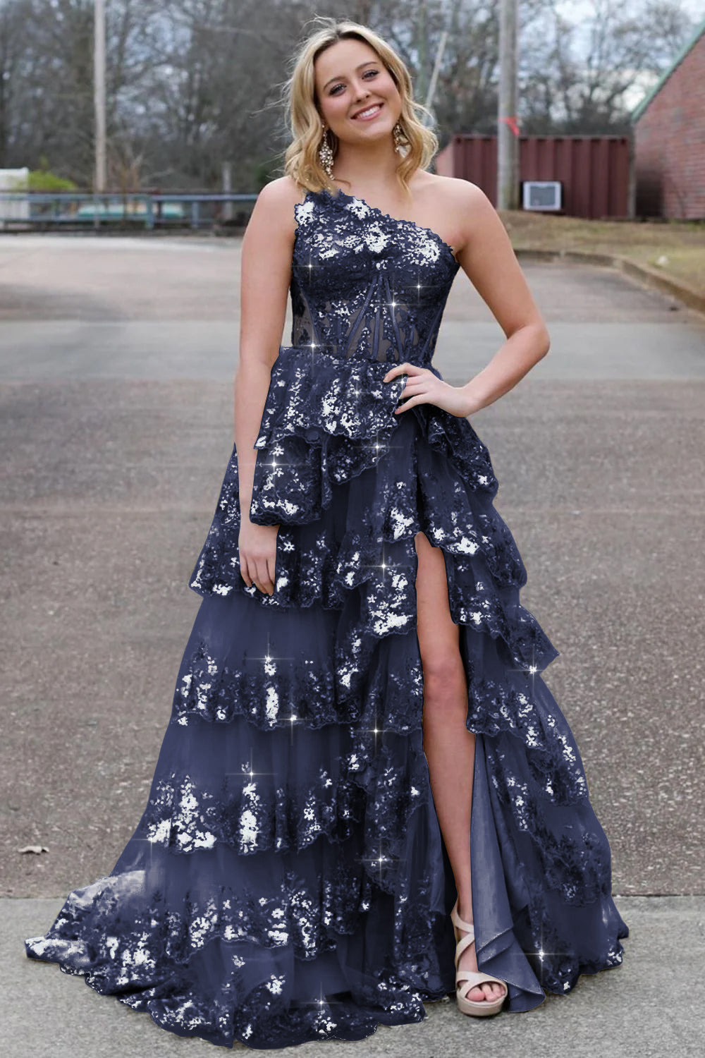 Sparkly Sequin One Shoulder Tiered Long Prom Dresses with Slit