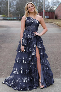 Sparkly Sequin One Shoulder Tiered Long Prom Dresses with Slit