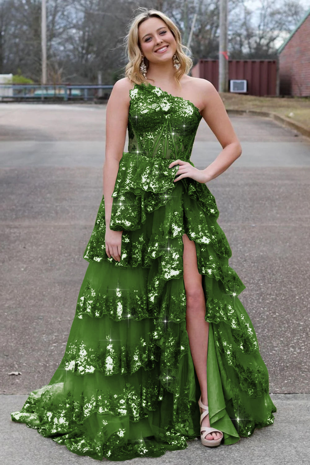 Sparkly Sequin One Shoulder Tiered Long Prom Dresses with Slit