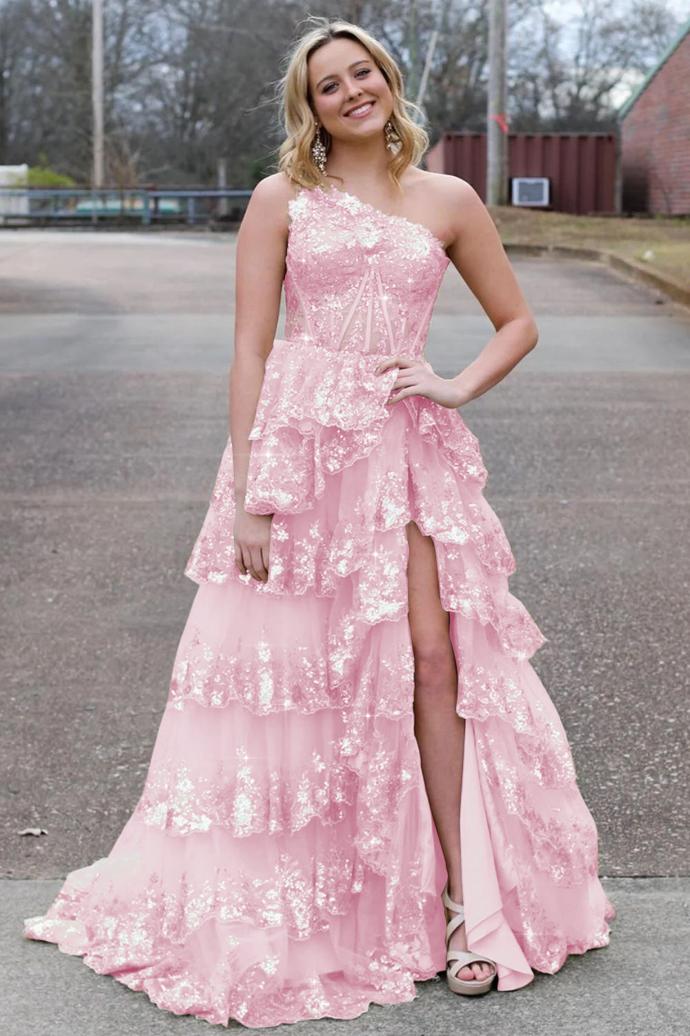 Sparkly Sequin One Shoulder Tiered Long Prom Dresses with Slit