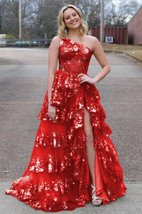 Sparkly Sequin One Shoulder Tiered Long Prom Dresses with Slit