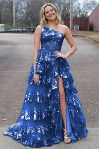 Sparkly Sequin One Shoulder Tiered Long Prom Dresses with Slit