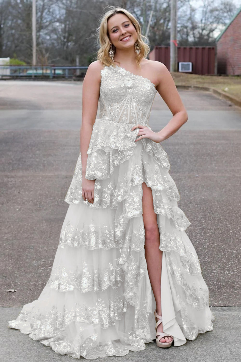Sparkly Sequin One Shoulder Tiered Long Prom Dresses with Slit