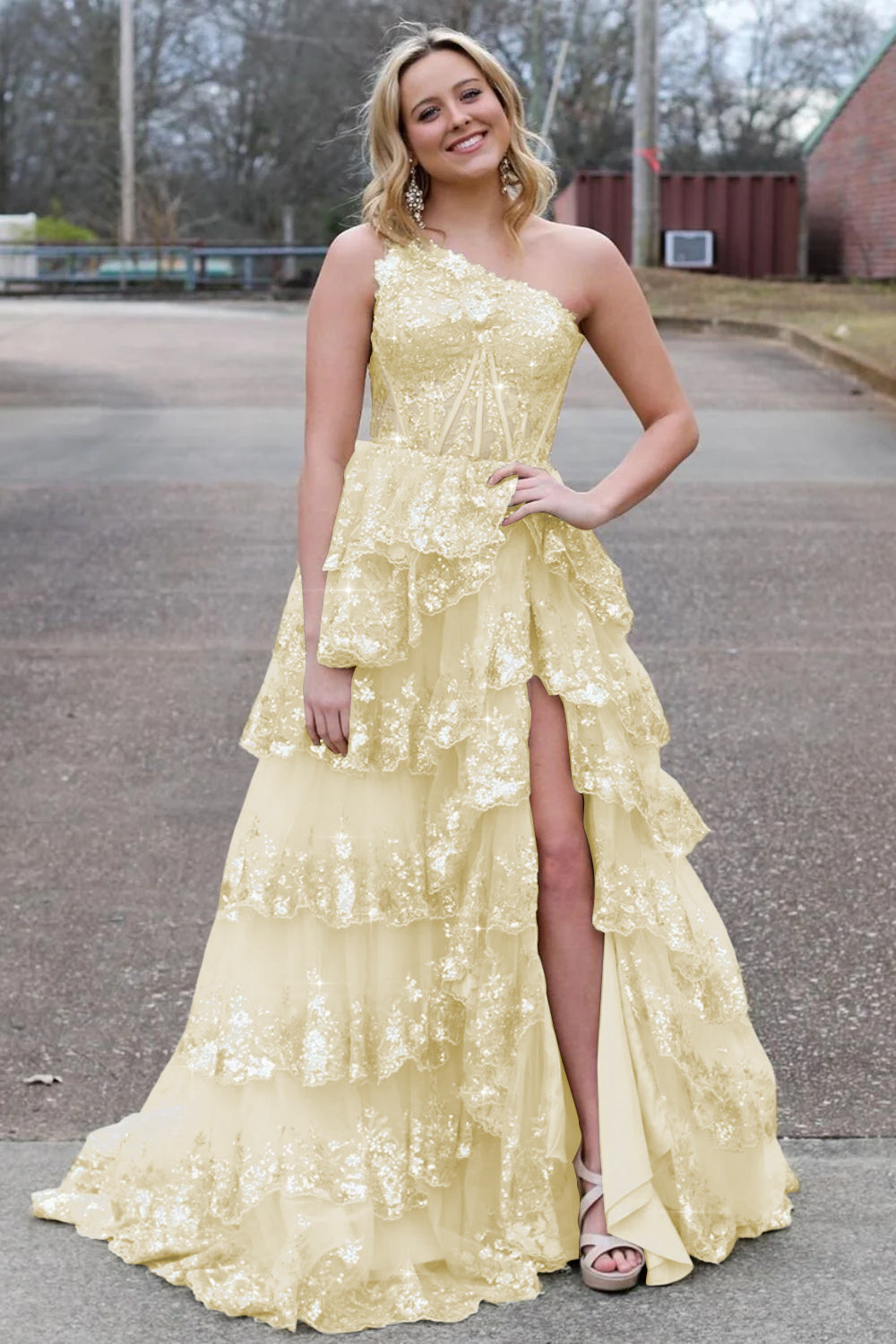 Sparkly Sequin One Shoulder Tiered Long Prom Dresses with Slit