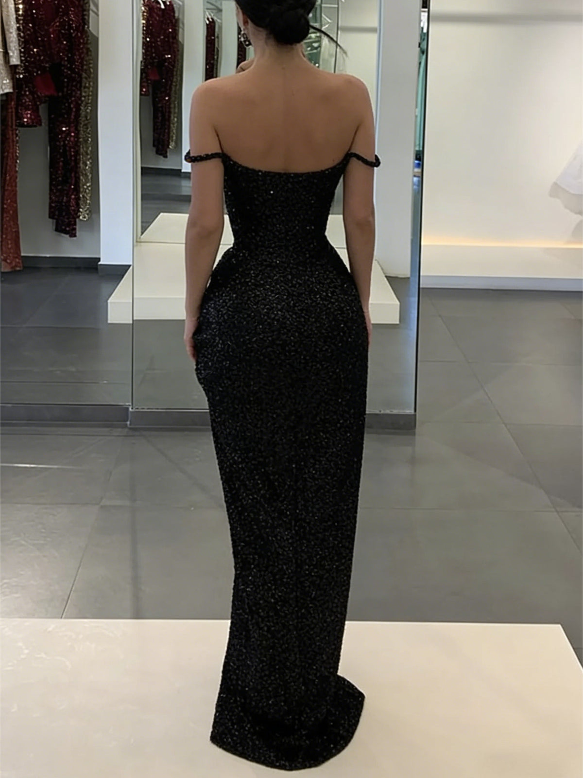 Mermaid/Trumpet Glitter Off Shoulder Long Evening Dresses with Ruffle