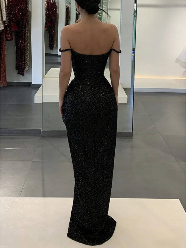 Mermaid/Trumpet Glitter Off Shoulder Long Evening Dresses with Ruffle