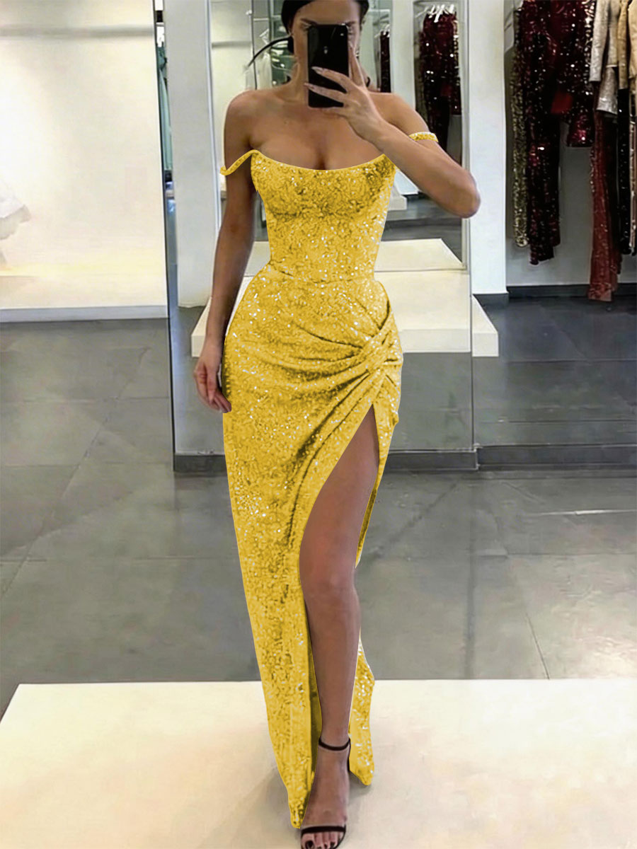 Mermaid/Trumpet Glitter Off Shoulder Long Evening Dresses with Ruffle