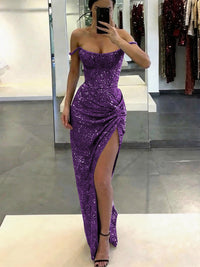 Mermaid/Trumpet Glitter Off Shoulder Long Evening Dresses with Ruffle