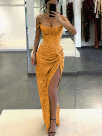 Mermaid/Trumpet Glitter Off Shoulder Long Evening Dresses with Ruffle