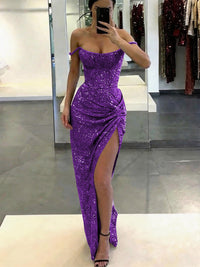 Mermaid/Trumpet Glitter Off Shoulder Long Evening Dresses with Ruffle