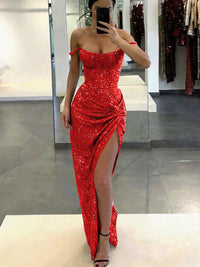Mermaid/Trumpet Glitter Off Shoulder Long Evening Dresses with Ruffle