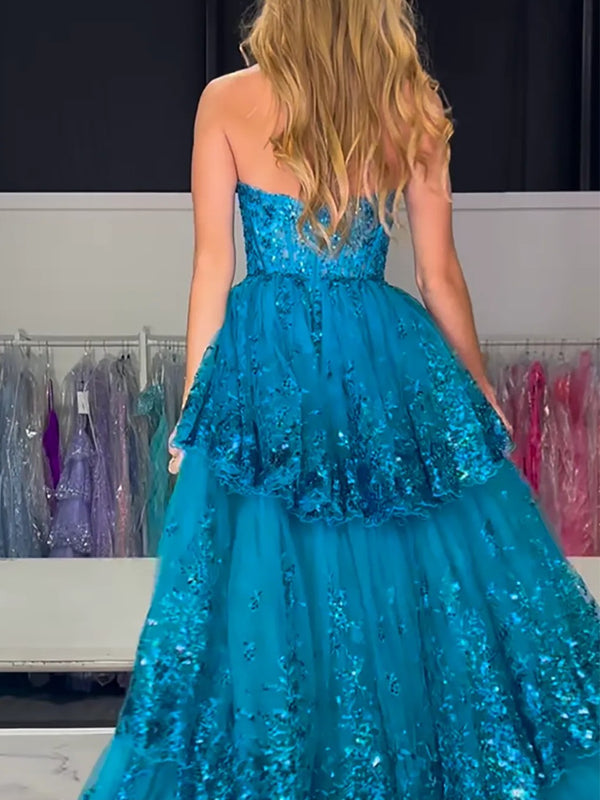 Sparkly Sequin Sweetheart Tiered Long Prom Dresses