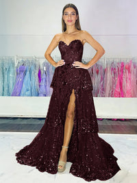 Sparkly Sequin Sweetheart Tiered Long Prom Dresses