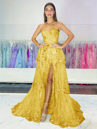 Sparkly Sequin Sweetheart Tiered Long Prom Dresses