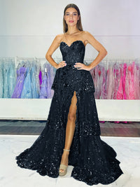 Sparkly Sequin Sweetheart Tiered Long Prom Dresses