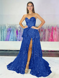Sparkly Sequin Sweetheart Tiered Long Prom Dresses
