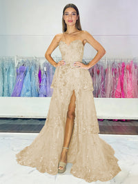 Sparkly Sequin Sweetheart Tiered Long Prom Dresses