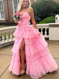 Tulle Spaghetti Strap Tiered Long Prom Dresses Ruffle Ball Gown