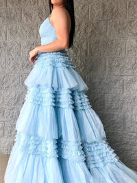 Tulle Spaghetti Strap Tiered Long Prom Dresses Ruffle Ball Gown