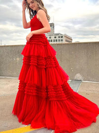 Tulle Spaghetti Strap Tiered Long Prom Dresses Ruffle Ball Gown