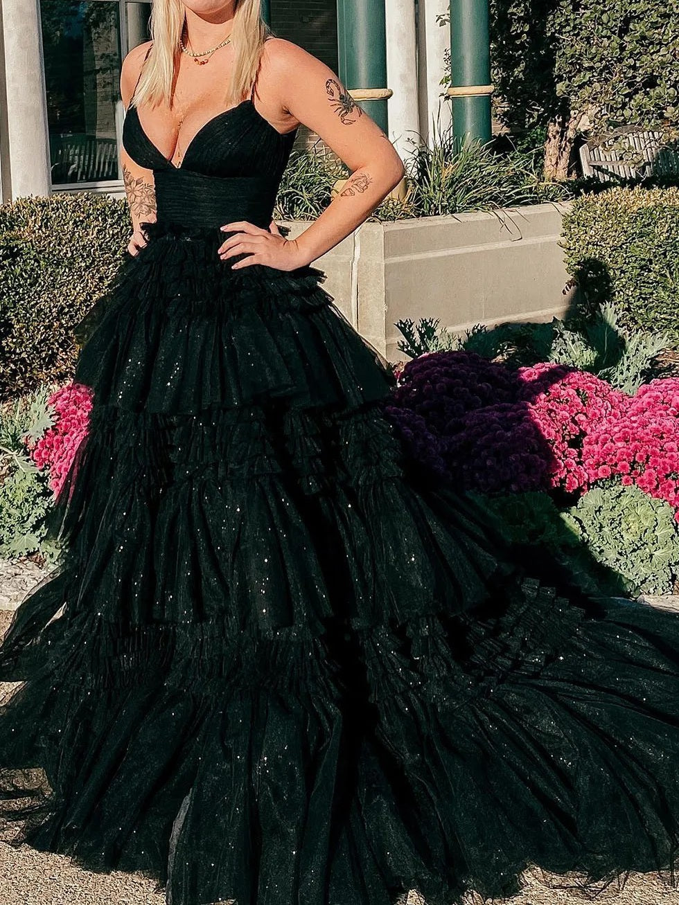 Tulle Spaghetti Strap Tiered Long Prom Dresses Ruffle Ball Gown