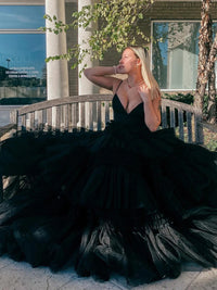 Tulle Spaghetti Strap Tiered Long Prom Dresses Ruffle Ball Gown