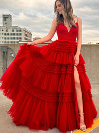 Tulle Spaghetti Strap Tiered Long Prom Dresses Ruffle Ball Gown