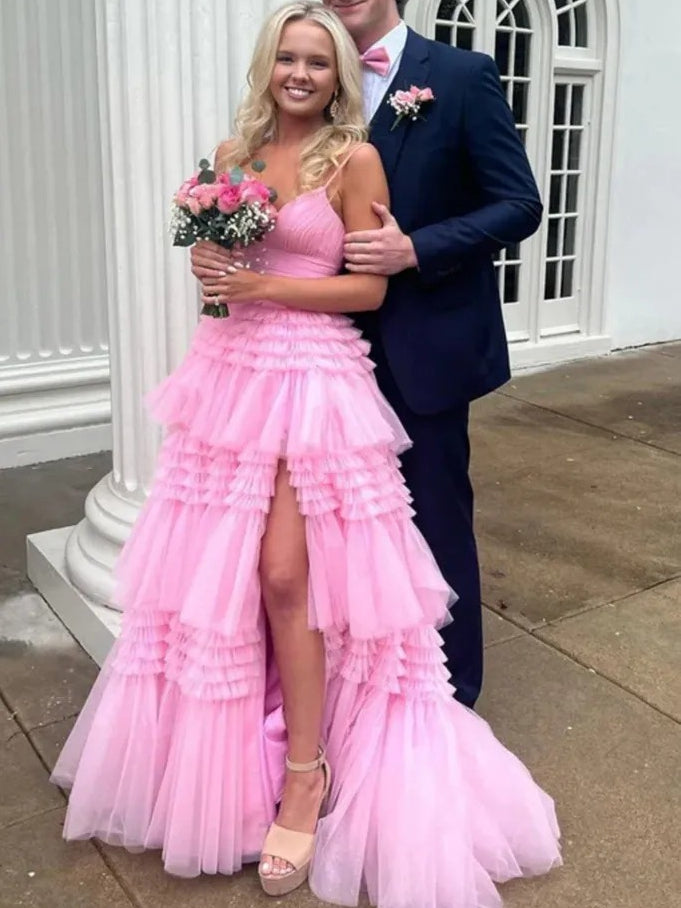 Tulle Spaghetti Strap Tiered Long Prom Dresses Ruffle Ball Gown