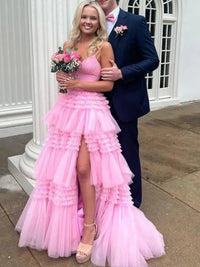 Tulle Spaghetti Strap Tiered Long Prom Dresses Ruffle Ball Gown