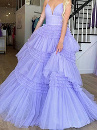 Tulle Spaghetti Strap Tiered Long Prom Dresses Ruffle Ball Gown