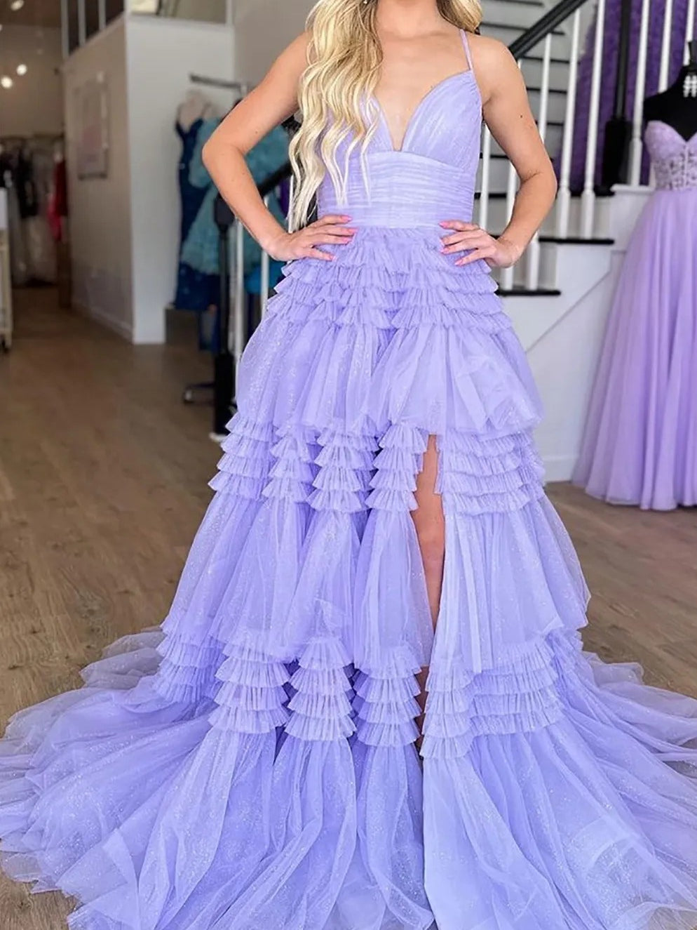 Tulle Spaghetti Strap Tiered Long Prom Dresses Ruffle Ball Gown