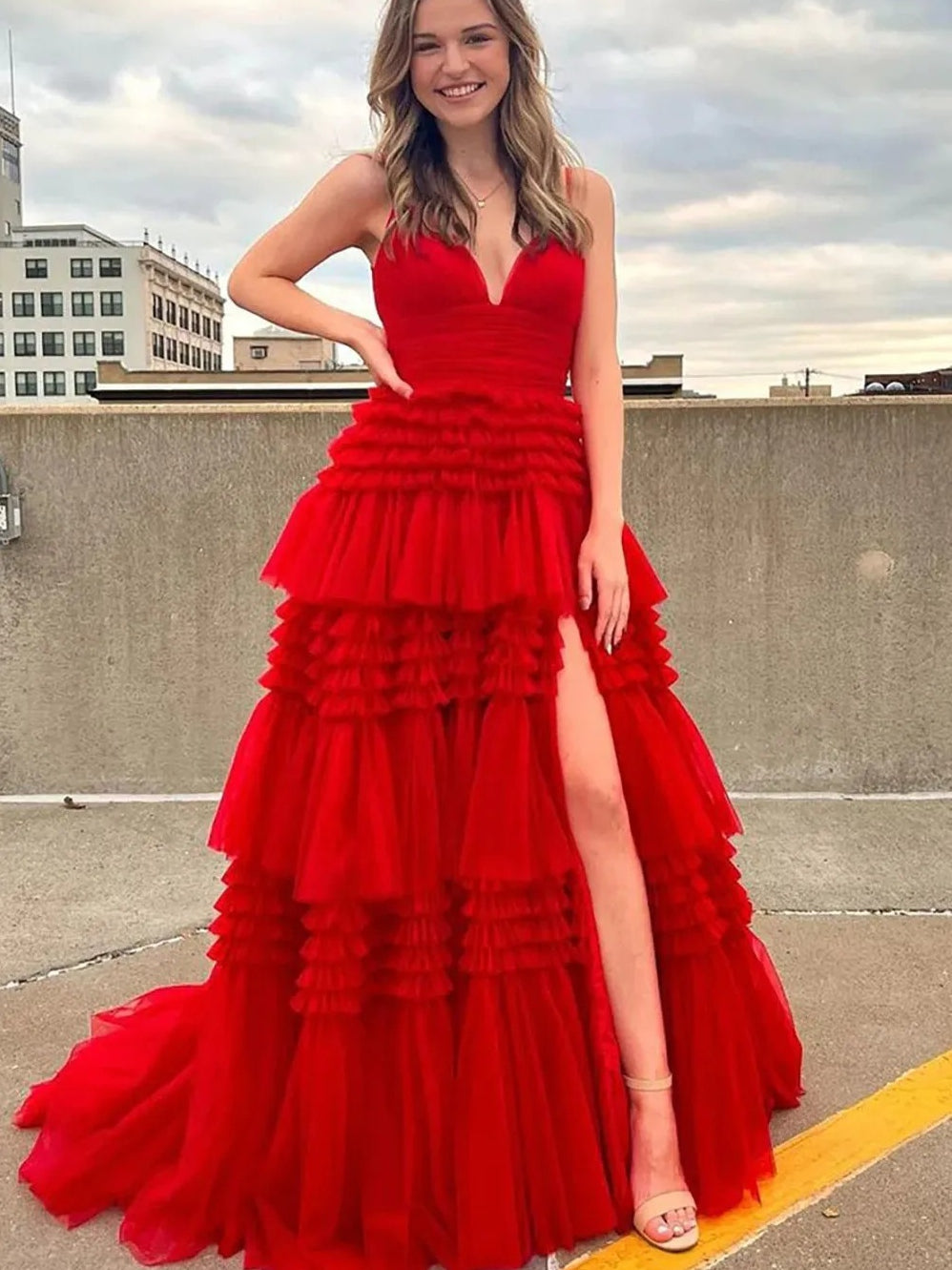 Tulle Spaghetti Strap Tiered Long Prom Dresses Ruffle Ball Gown