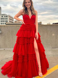 Tulle Spaghetti Strap Tiered Long Prom Dresses Ruffle Ball Gown