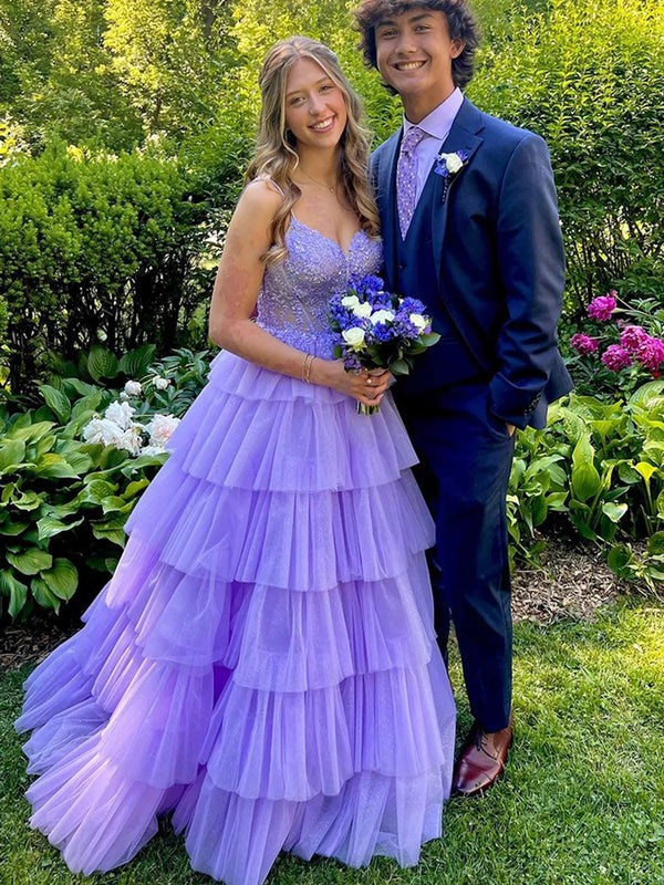 Tulle Spaghetti Strap V-Neck Tiered Long Prom Dresses with Lace Applique