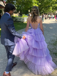 Tulle Spaghetti Strap V-Neck Tiered Long Prom Dresses with Lace Applique