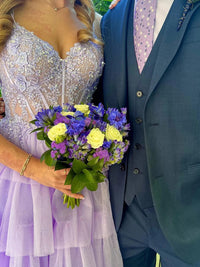 Tulle Spaghetti Strap V-Neck Tiered Long Prom Dresses with Lace Applique